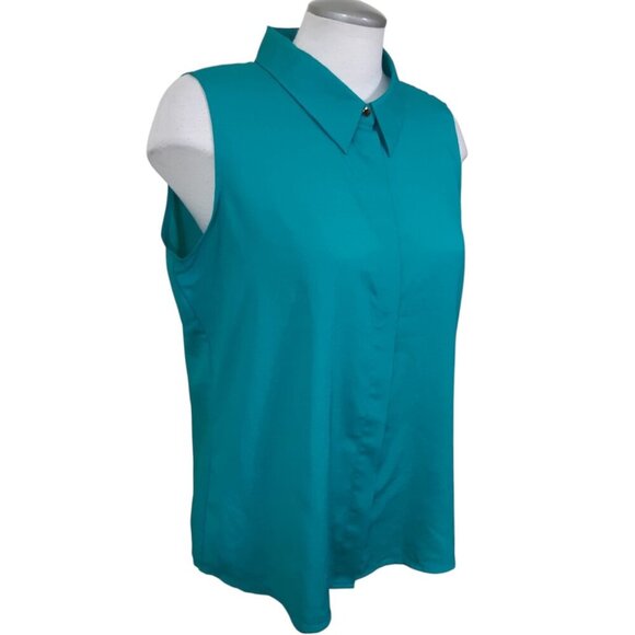 Calvin Klein Womans Button Up Top Teal Small Solid Sleeveless Collared Office - Picture 2 of 6